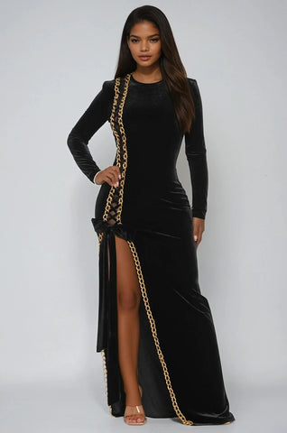 Gold Chain Embellished Solid Velvet Maxi Dress