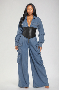 Mixed Denim Corset Jumpsuit